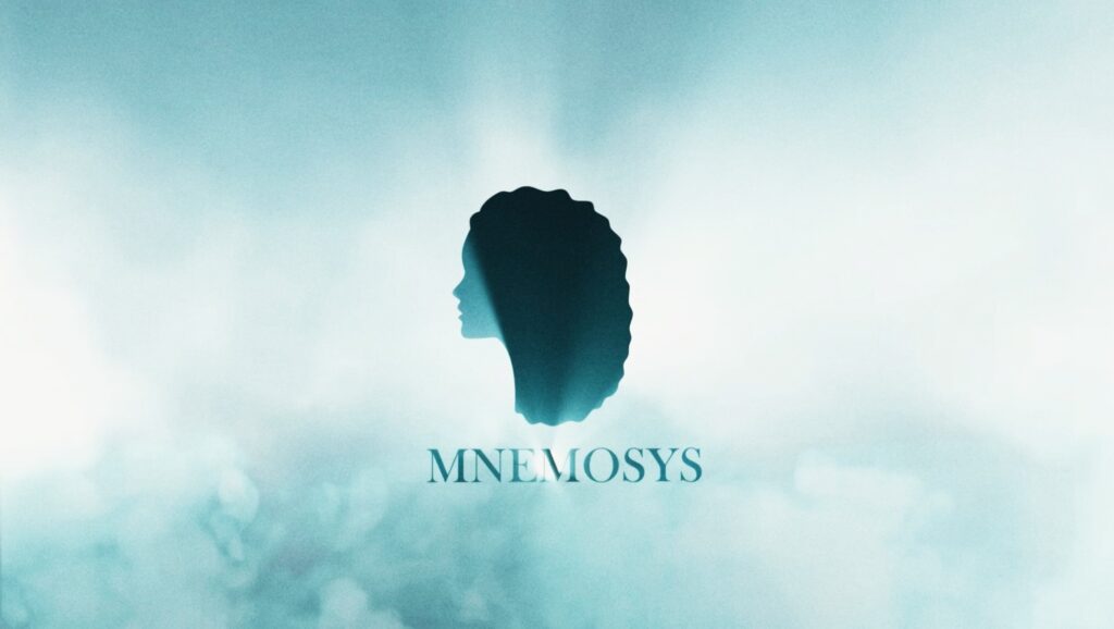 Mnemosys Logo - Silhouette of a woman’s profile with flowing hair, set against a soft, misty background.