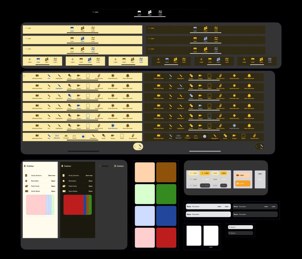 UI components for NoteStack, including cards, sidebar, tab bar, and color palette options.