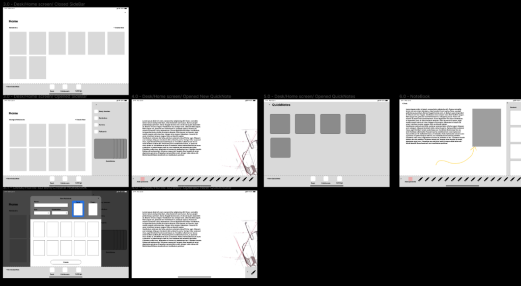 Early wireframe designs of NoteStack app, showcasing the layout and structure of key features.