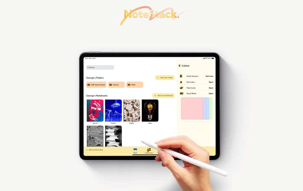 Image of an iPad displaying a note-taking application called NoteStack. The screen shows various folders and notebooks, along with a sidebar featuring study sessions, reminders, flash cards, and quick notes. A hand holding a stylus is interacting with the screen.